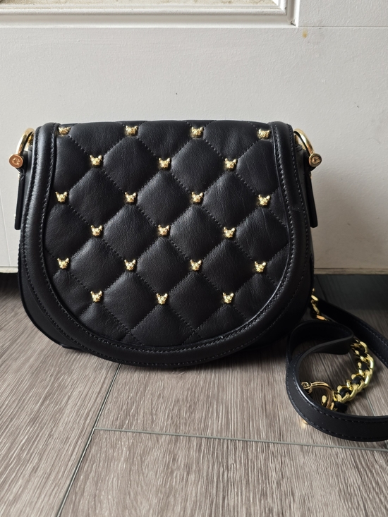 C. Wonder Handbags - C Wonder Genuine Leather Black Quilted Crossbody Gold Dog Stud Chain Strap